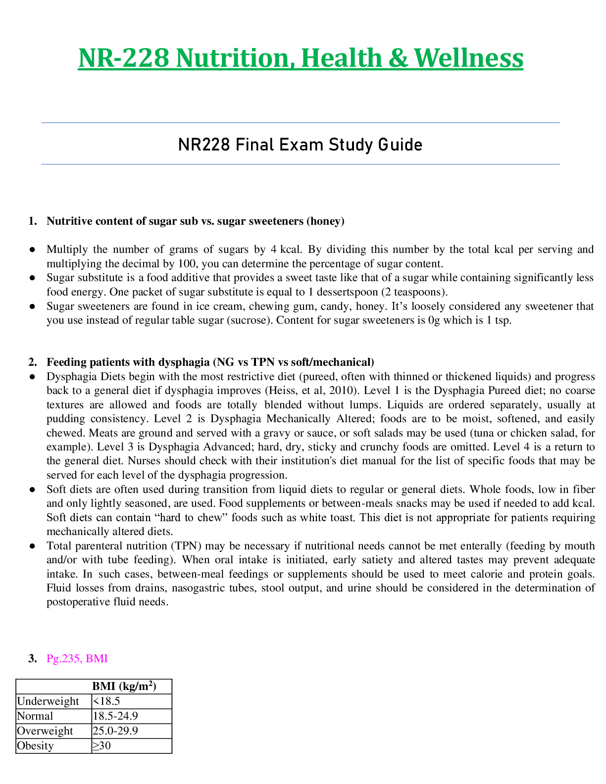 Preview of NR228 / NR-228 Final Exam Study Guide  : Nutrition, Health & Wellness - Chamberlain
